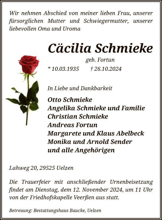 Traueranzeige von Cäcilia Schmieke von UEL