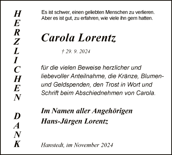 Traueranzeige von Carola Lorentz von UEL