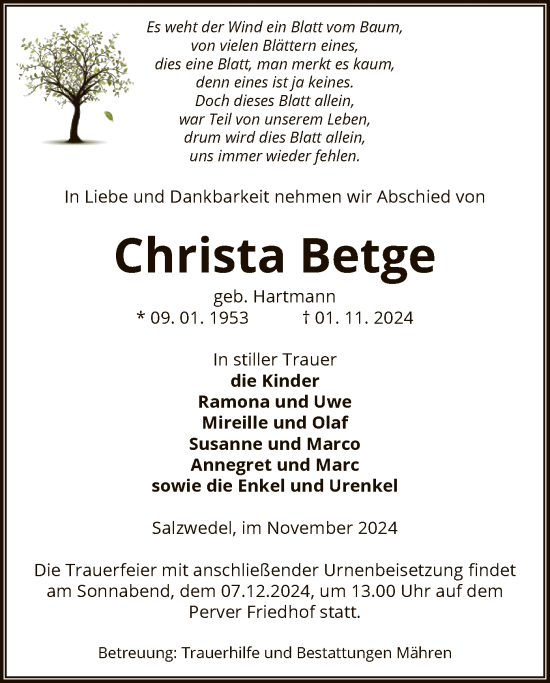 Traueranzeige von Christa Betge von UEL