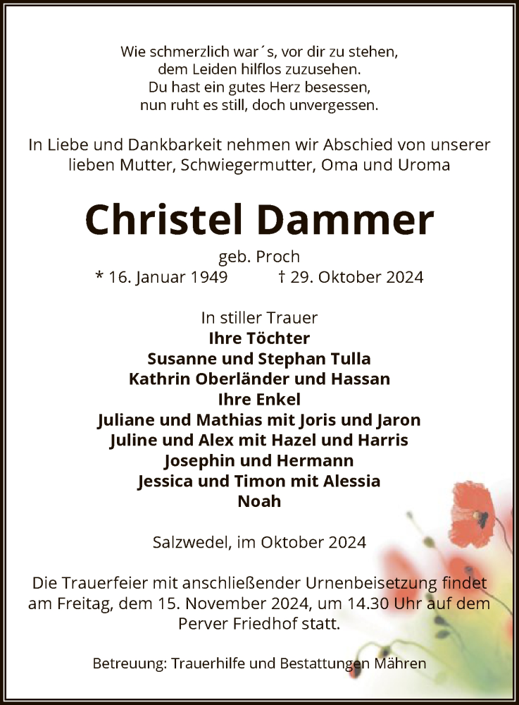  Traueranzeige für Christel Dammer vom 05.11.2024 aus UEL