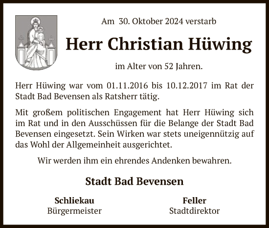 Traueranzeige von Christian Hüwing von UEL