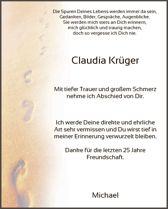 Traueranzeige von Claudia Krüger von UEL