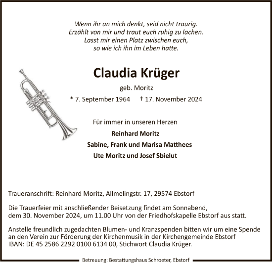 Traueranzeige von Claudia Krüger von UEL