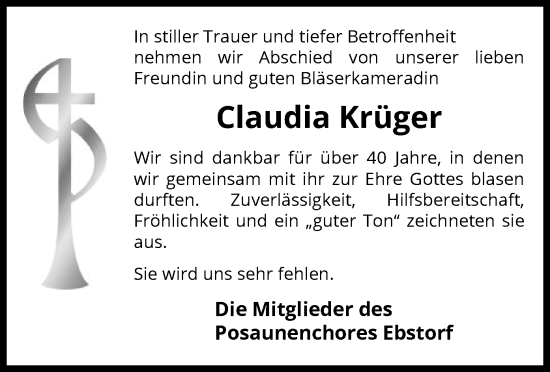 Traueranzeige von Claudia Krüger von UEL