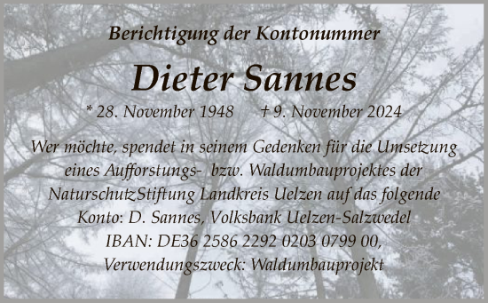 Traueranzeige von Dieter Sannes von UEL