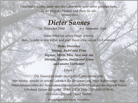 Traueranzeige von Dieter Sannes von UEL