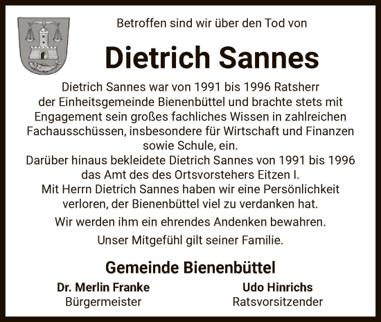 Traueranzeige von Dietrich Sannes von UEL