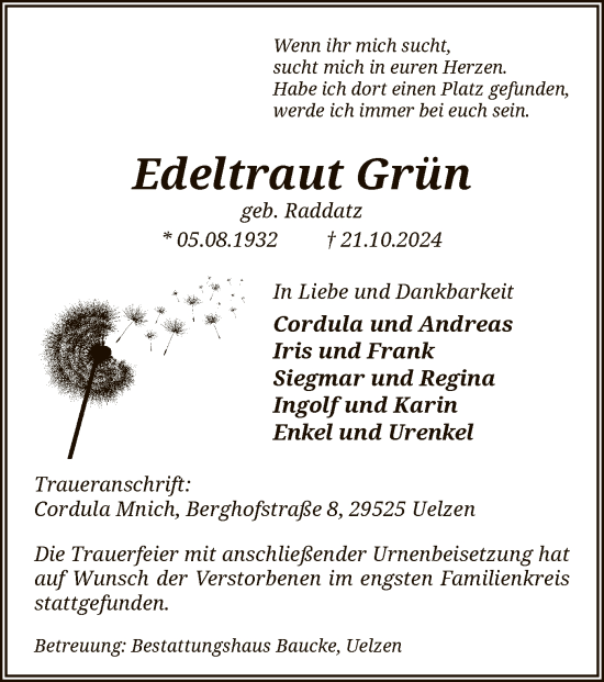 Traueranzeige von Edeltraut Grün von UEL