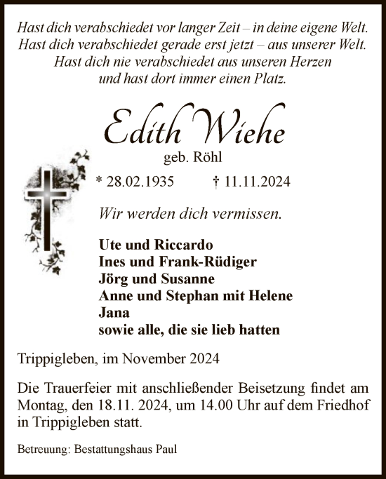 Traueranzeige von Edith Wiehe von UEL