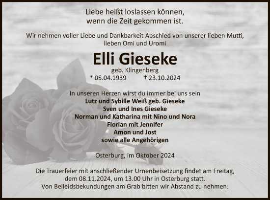 Traueranzeige von Elli Gieseke von UEL