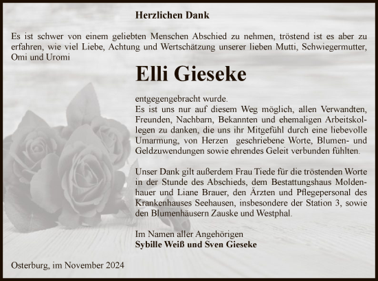 Traueranzeige von Elli Gieseke von UEL