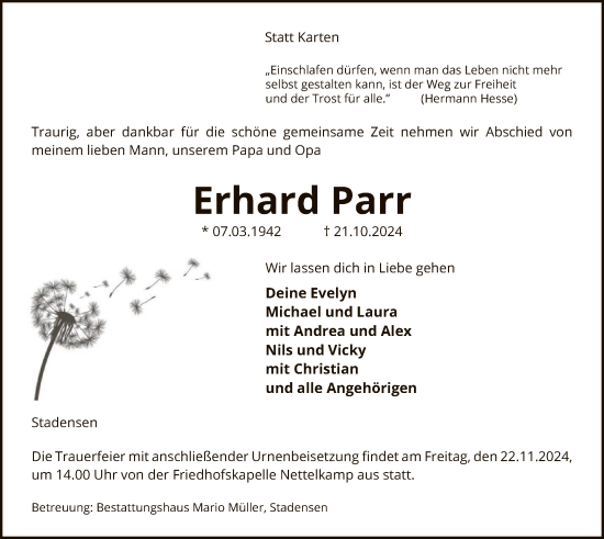 Traueranzeige von Erhard Parr von UEL