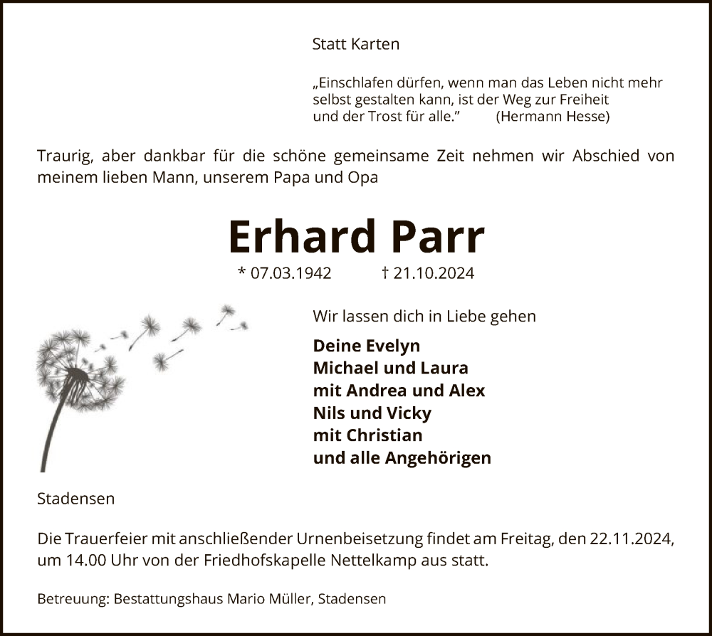  Traueranzeige für Erhard Parr vom 02.11.2024 aus UEL