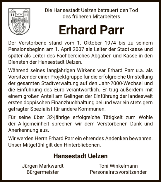 Traueranzeige von Erhard Parr von UEL