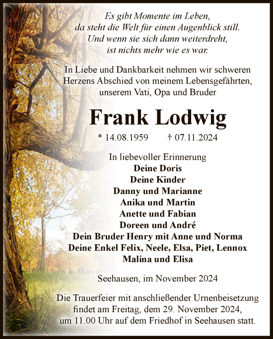 Traueranzeige von Frank Lodwig von UEL