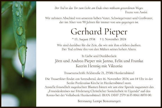 Traueranzeige von Gerhard Pieper von UEL