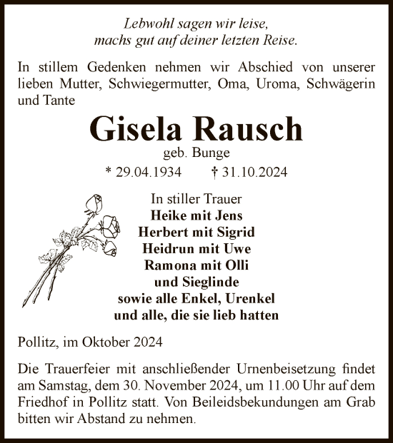 Traueranzeige von Gisela Rausch von UEL