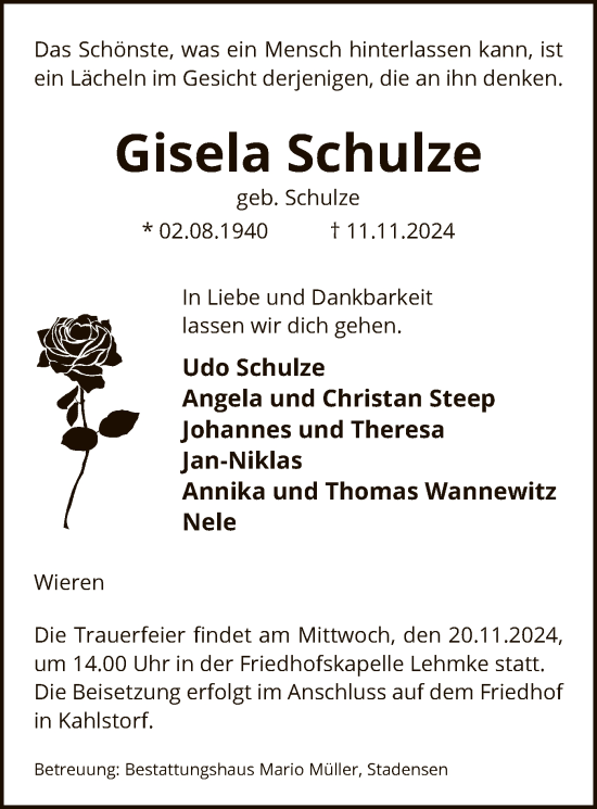 Traueranzeige von Gisela Schulze von UEL