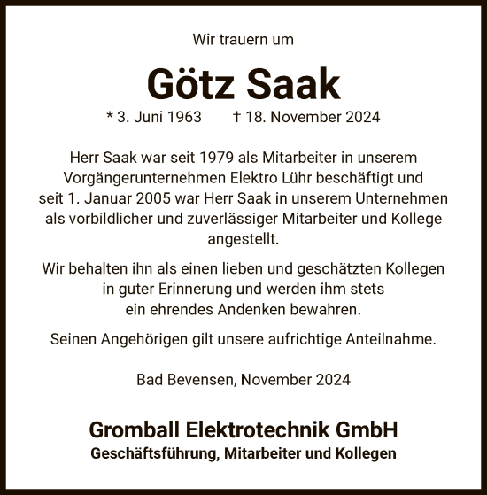 Traueranzeige von Götz Saak von UEL