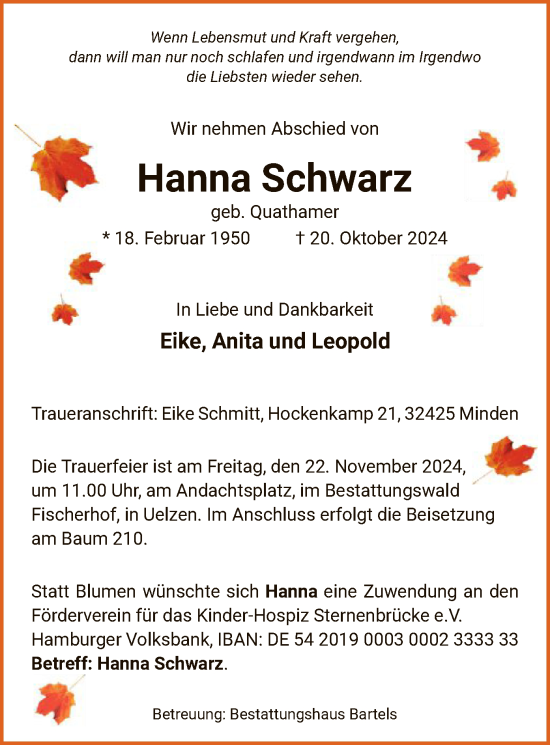 Traueranzeige von Hanna Schwarz von UEL