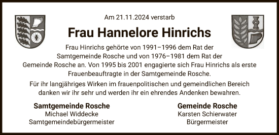 Traueranzeige von Hannelore Hinrichs von UEL