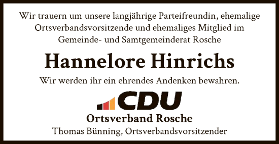 Traueranzeige von Hannelore Hinrichs von UEL