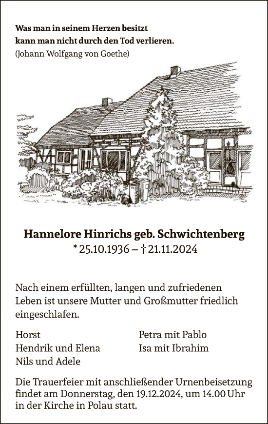 Traueranzeige von Hannelore Hinrichs von UEL