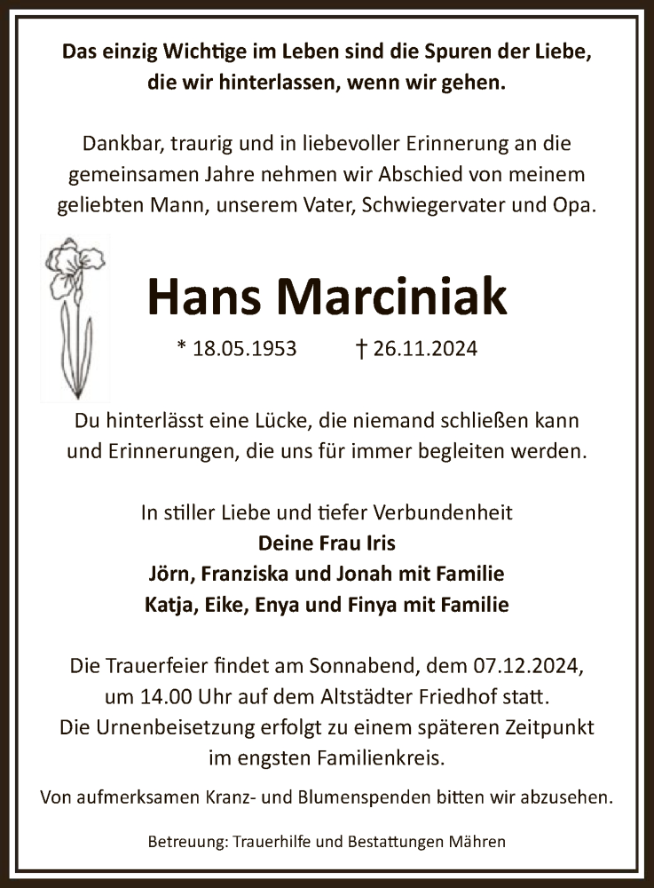  Traueranzeige für Hans Marciniak vom 30.11.2024 aus UEL