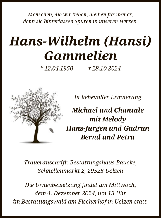 Traueranzeige von Hans-Wilhelm Gammelien von UEL