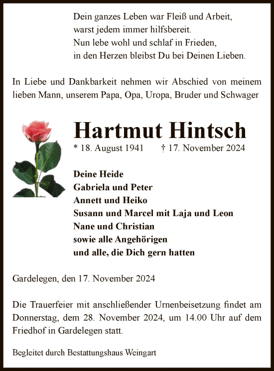 Traueranzeige von Hartmut Hintsch von UEL