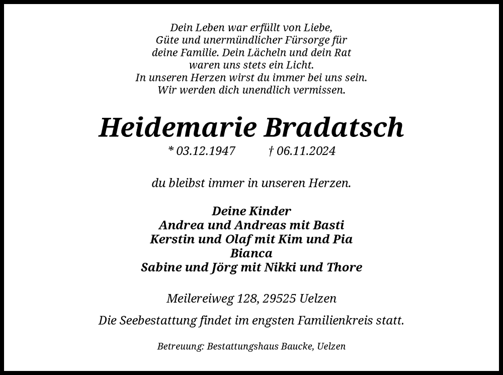  Traueranzeige für Heidemarie Bradatsch vom 09.11.2024 aus UEL