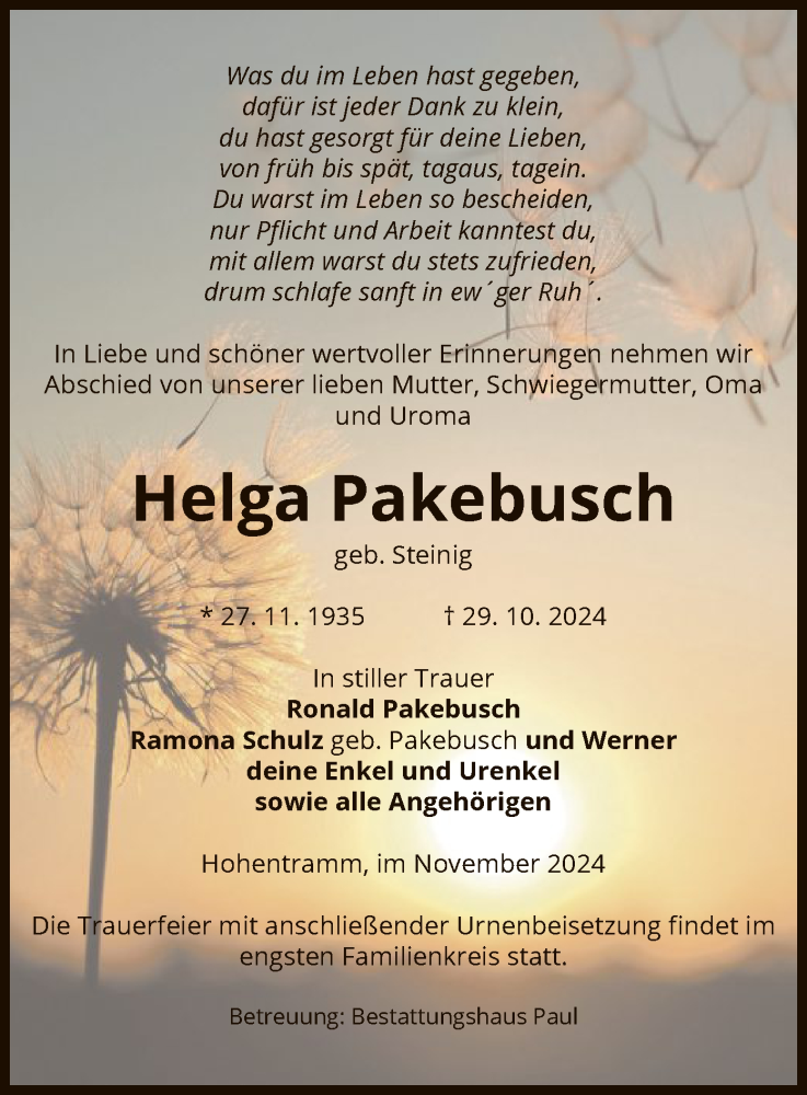  Traueranzeige für Helga Pakebusch vom 02.11.2024 aus UEL