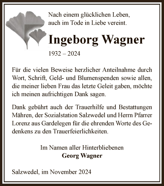 Traueranzeige von Ingeborg Wagner von UEL