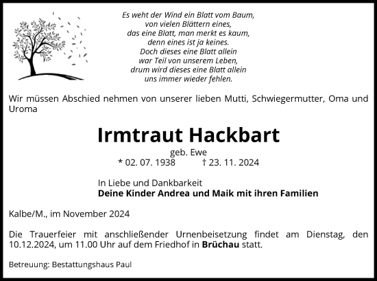 Traueranzeige von Irmtraut Hackbart von UEL