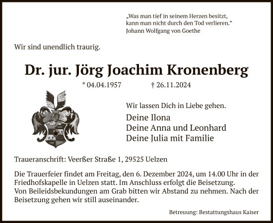 Traueranzeige von Jörg Joachim Kronenberg von UEL