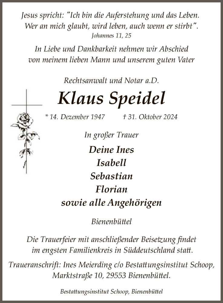  Traueranzeige für Klaus Speidel vom 09.11.2024 aus UEL