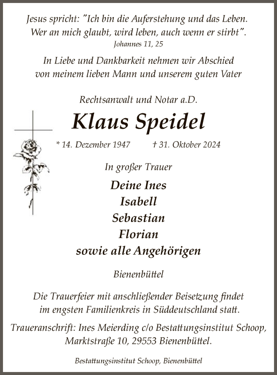 Traueranzeige von Klaus Speidel von UEL