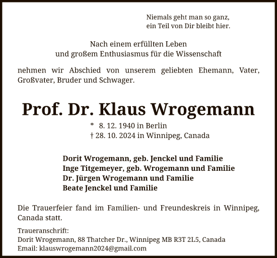 Traueranzeige von Klaus Wrogemann von UEL