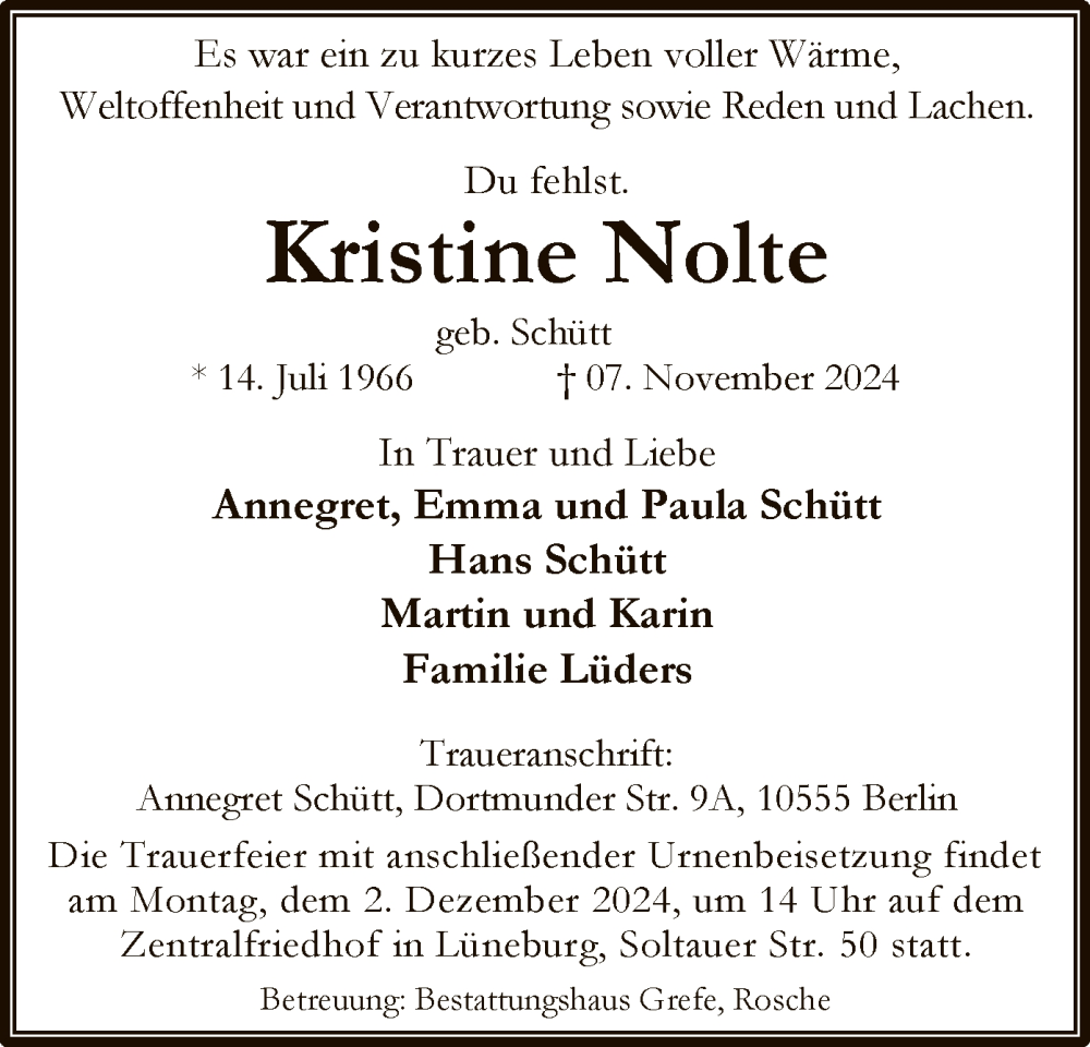  Traueranzeige für Kristine Nolte vom 16.11.2024 aus UEL