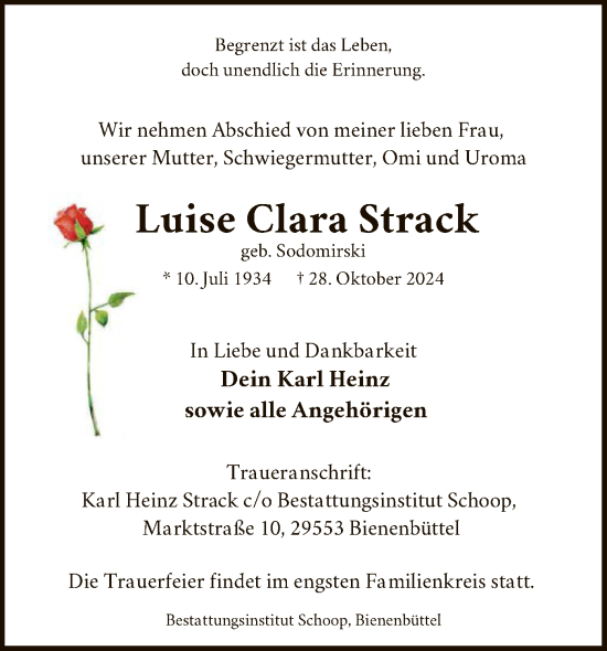 Traueranzeige von Luise Clara Strack von UEL