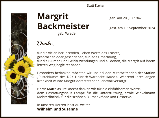 Traueranzeige von Margrit Backmeister von UEL