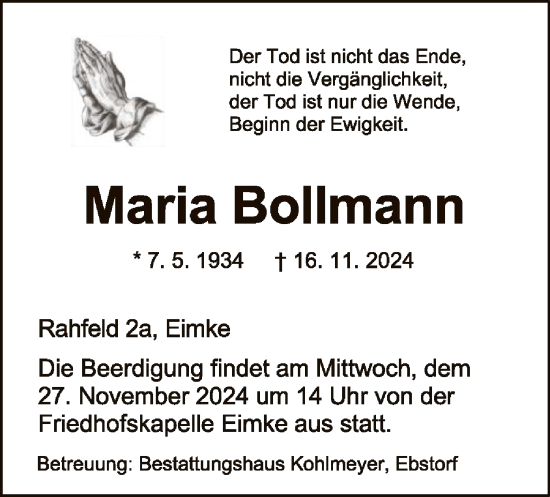 Traueranzeige von Maria Bollmann von UEL