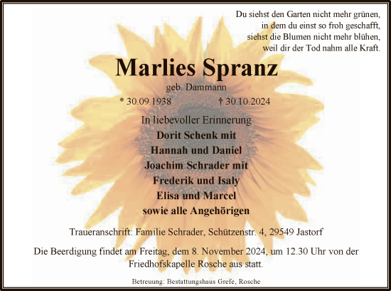 Traueranzeige von Marlies Spranz von UEL