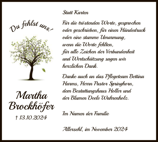 Traueranzeige von Martha Brockhöfer von UEL