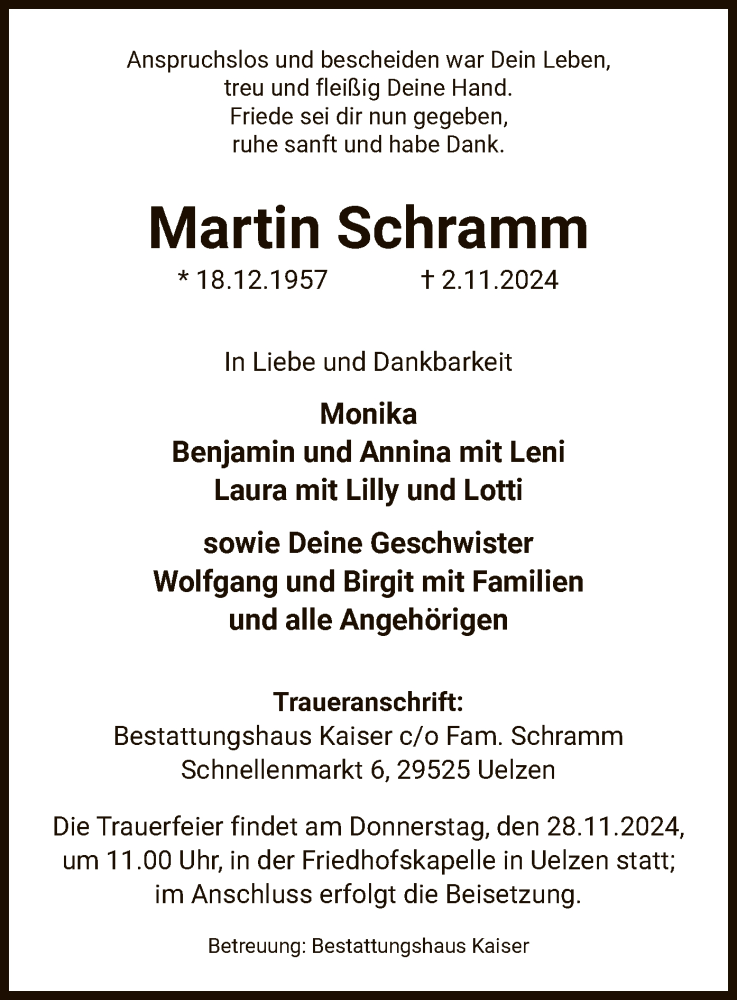  Traueranzeige für Martin Schramm vom 26.11.2024 aus UEL