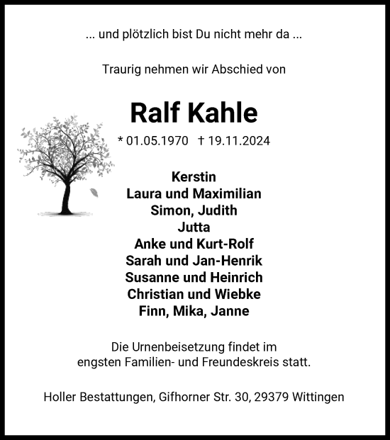 Traueranzeige von Ralf Kahle von UEL