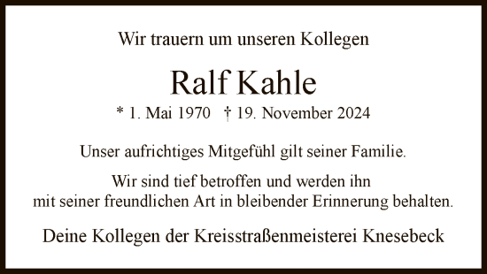 Traueranzeige von Ralf Kahle von UEL