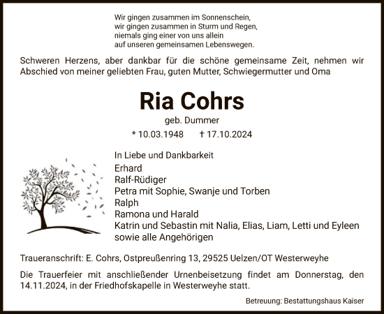 Traueranzeige von Ria Cohrs von UEL