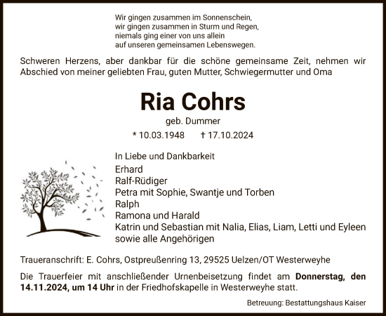 Traueranzeige von Ria Cohrs von UEL