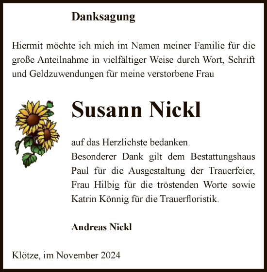 Traueranzeige von Susann Nickl von UEL